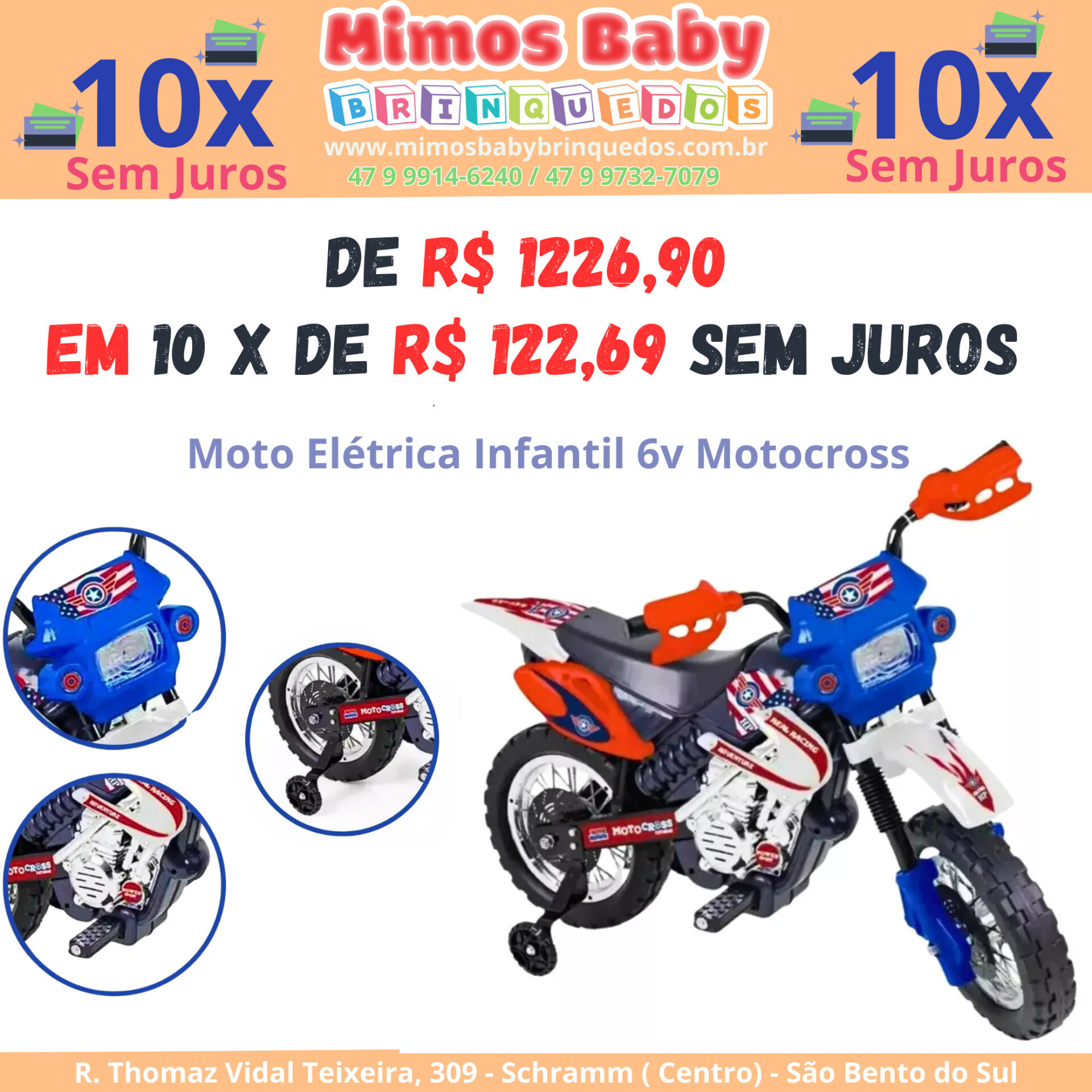 Moto Elétrica Infantil 6v Motocross Azul